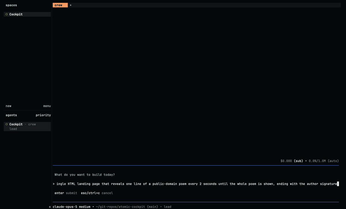 A 46-second animation of one real run. It moves through ten stages: a single terminal pane asking what to build; the typed answer; a written plan with nine checks; a dialog that halts everything until a person approves; four agents hired one at a time as the window splits from one pane into five; the team working; three side tabs showing the agents' messages to each other, a card board, and the roster; a separate agent reporting all nine checks pass; and a browser showing the finished page, a poem revealed line by line, ending with the author's signature.