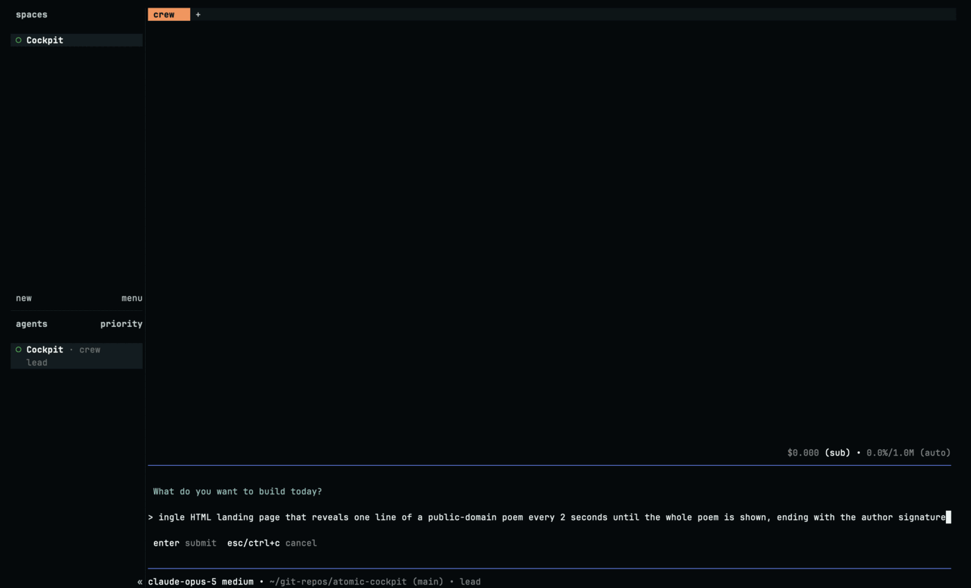 The cockpit window with a single tab labelled crew and one pane. A prompt reads "What do you want to build today?" and below it, on an input line, the typed answer about a page that reveals one line of a public-domain poem every 2 seconds. A hint underneath reads "enter submit  esc/ctrl+c cancel". The agent list on the left holds a single entry, lead, in a workspace named Cockpit.