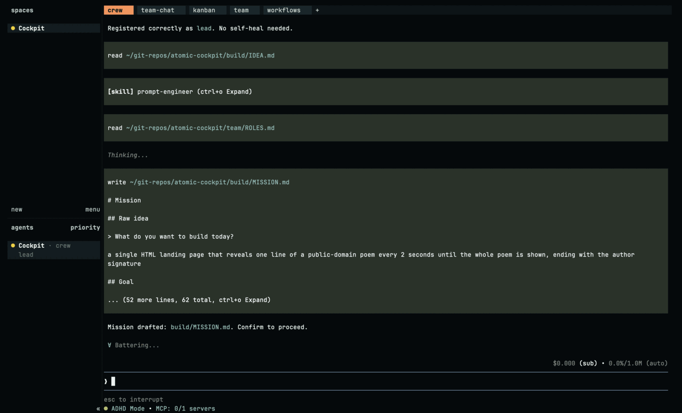 The lead's pane writing build/MISSION.md. A document headed "# Mission" quotes the raw idea back under "## Raw idea", followed by a "## Goal" heading and a note that 52 more lines are collapsed out of 62 total. Underneath, the line "Mission drafted: build/MISSION.md. Confirm to proceed." No dialog has appeared yet.