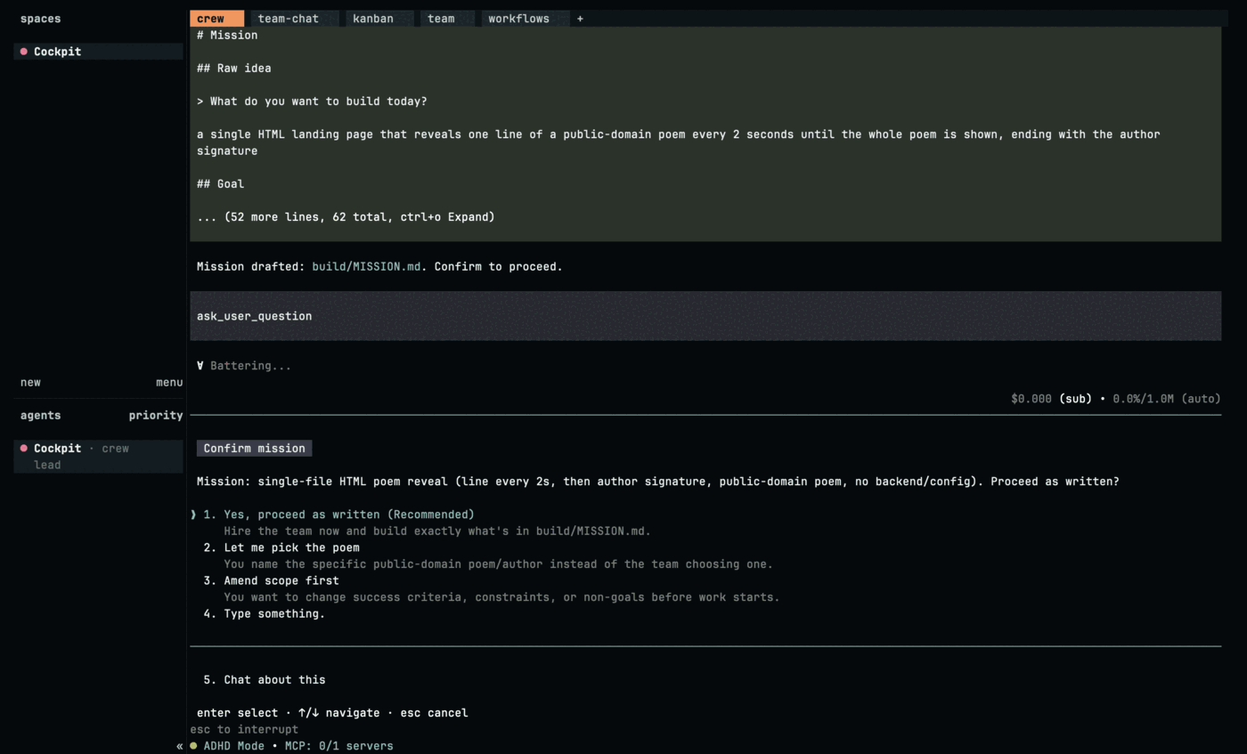 A dialog headed "Confirm mission". It restates the mission in one sentence — single-file HTML poem reveal, one line every 2s, then author signature, public-domain poem, no backend or config — and asks "Proceed as written?", then lists five numbered choices, each with a line of explanation: 1. Yes, proceed as written (Recommended); 2. Let me pick the poem; 3. Amend scope first; 4. Type something; 5. Chat about this. The footer reads "enter select · up/down navigate · esc cancel". Above the dialog the pane shows the drafted mission and the line "Mission drafted: build/MISSION.md. Confirm to proceed."