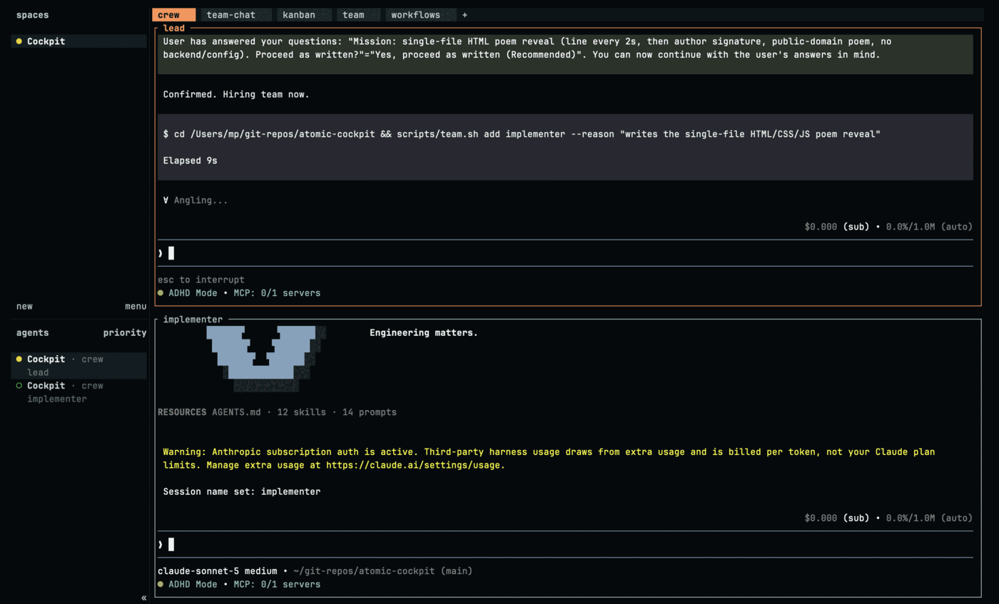 The lead's pane after approval. It quotes the answer back — the mission summary followed by "Yes, proceed as written (Recommended)" — then the line "Confirmed. Hiring team now." and a shell command running scripts/team.sh add implementer with the reason inline as "writes the single-file HTML/CSS/JS poem reveal". A second pane has already opened below it for the implementer, showing Atomic's start-up banner and "Session name set: implementer". The sidebar now lists two agents.