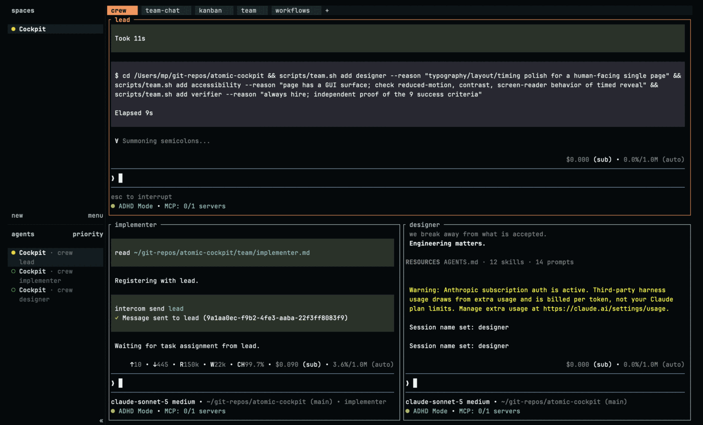 The lead's pane showing a single shell command chaining the three remaining hires — scripts/team.sh add designer, add accessibility, add verifier — each with a --reason argument spelling out why that role is needed for this mission: typography and timing polish, reduced-motion and contrast checks, and independent proof of the 9 criteria. It reports "Elapsed 9s". Below, two new panes have appeared for implementer and designer, each registering with the lead.