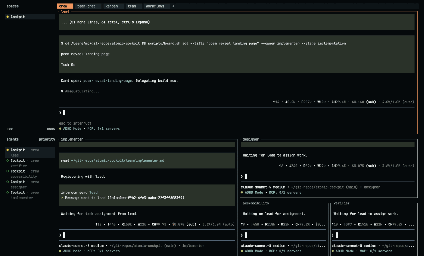 The cockpit now divided into five panes: lead across the top, and implementer, designer, accessibility and verifier below it. The sidebar lists all five agents under the workspace Cockpit.