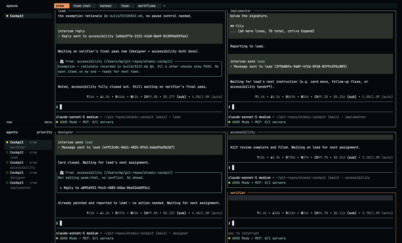 Five busy panes. The lead reports waiting on the verifier's final pass. The implementer reports back to the lead and waits for the next instruction. The designer notes a card closed. The accessibility pane says its review is complete and filed. Each pane footer shows its own running token and dollar count.