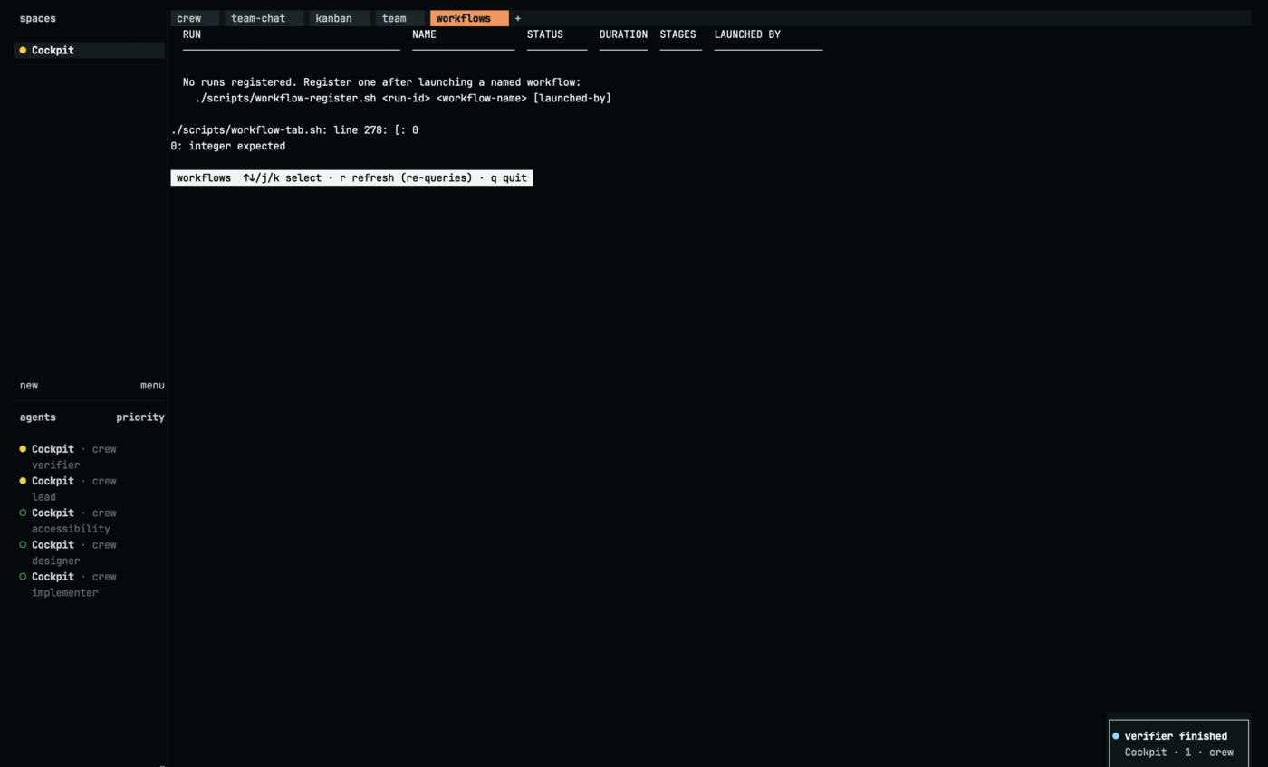 The workflows tab, showing an empty table with column headings RUN, NAME, STATUS, DURATION, STAGES and LAUNCHED BY. Below it the message "No runs registered. Register one after launching a named workflow:" followed by the command ./scripts/workflow-register.sh with its arguments. Underneath that, where nothing should be, two lines of shell error: "./scripts/workflow-tab.sh: line 278: [: 0" and "0: integer expected". A footer strip lists the tab's keys: up/down or j/k to select, r to refresh, q to quit.