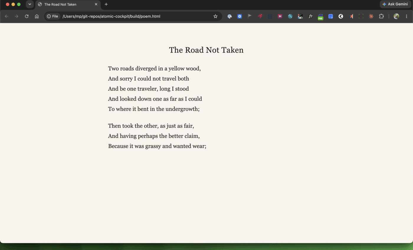 A browser window showing the page part-way through the reveal: the heading "The Road Not Taken" in a dark serif, then the first nine lines of the poem in a centred column on a warm off-white background. The rest of the page is empty.