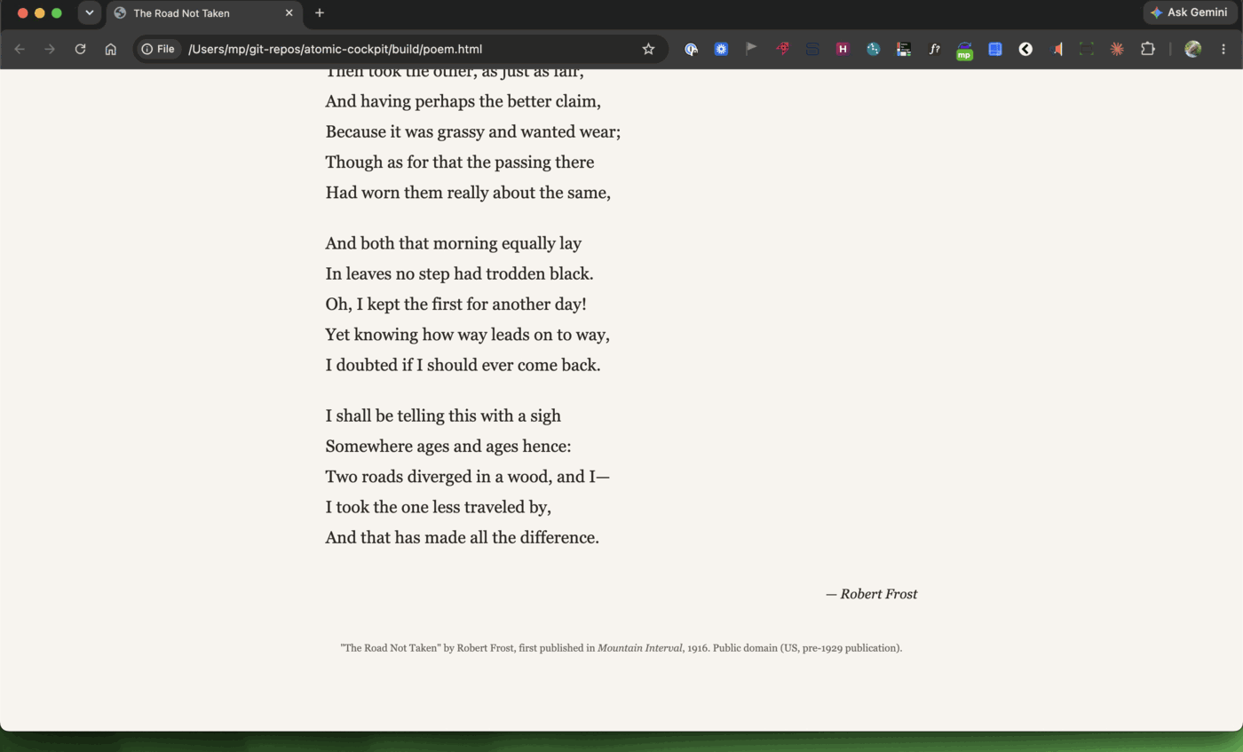 The same browser window with the reveal finished: all twenty lines of the poem, the right-aligned italic signature "— Robert Frost", and a small grey citation line naming Mountain Interval, 1916, public domain.