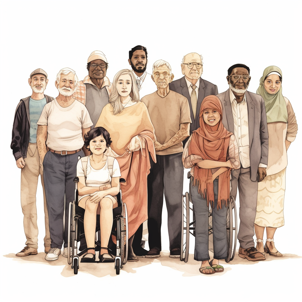 A generative art created using MidJourney, where it illustrates a diverse group of people using Norman Rockwell's painting style.
