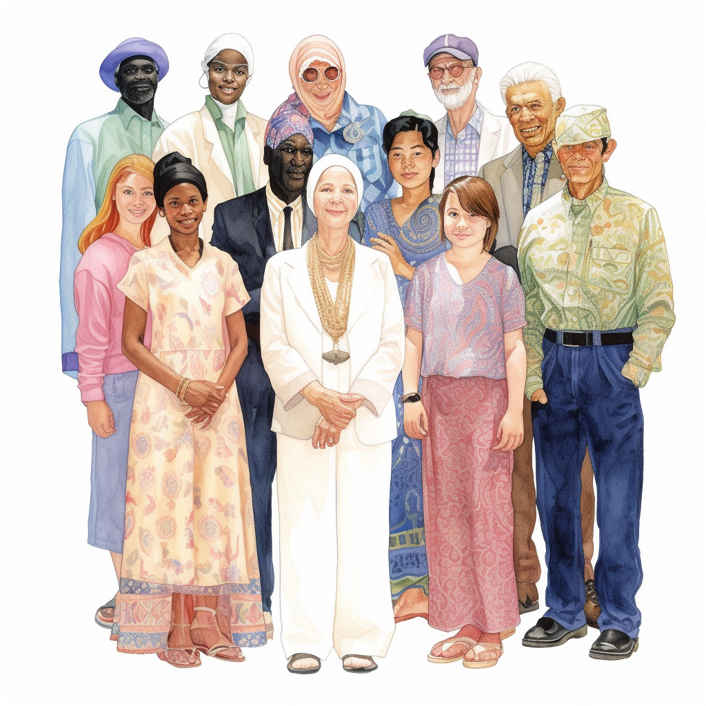 A generative art created using MidJourney, where it illustrates a diverse group of people using Coby Whitmore's painting style.