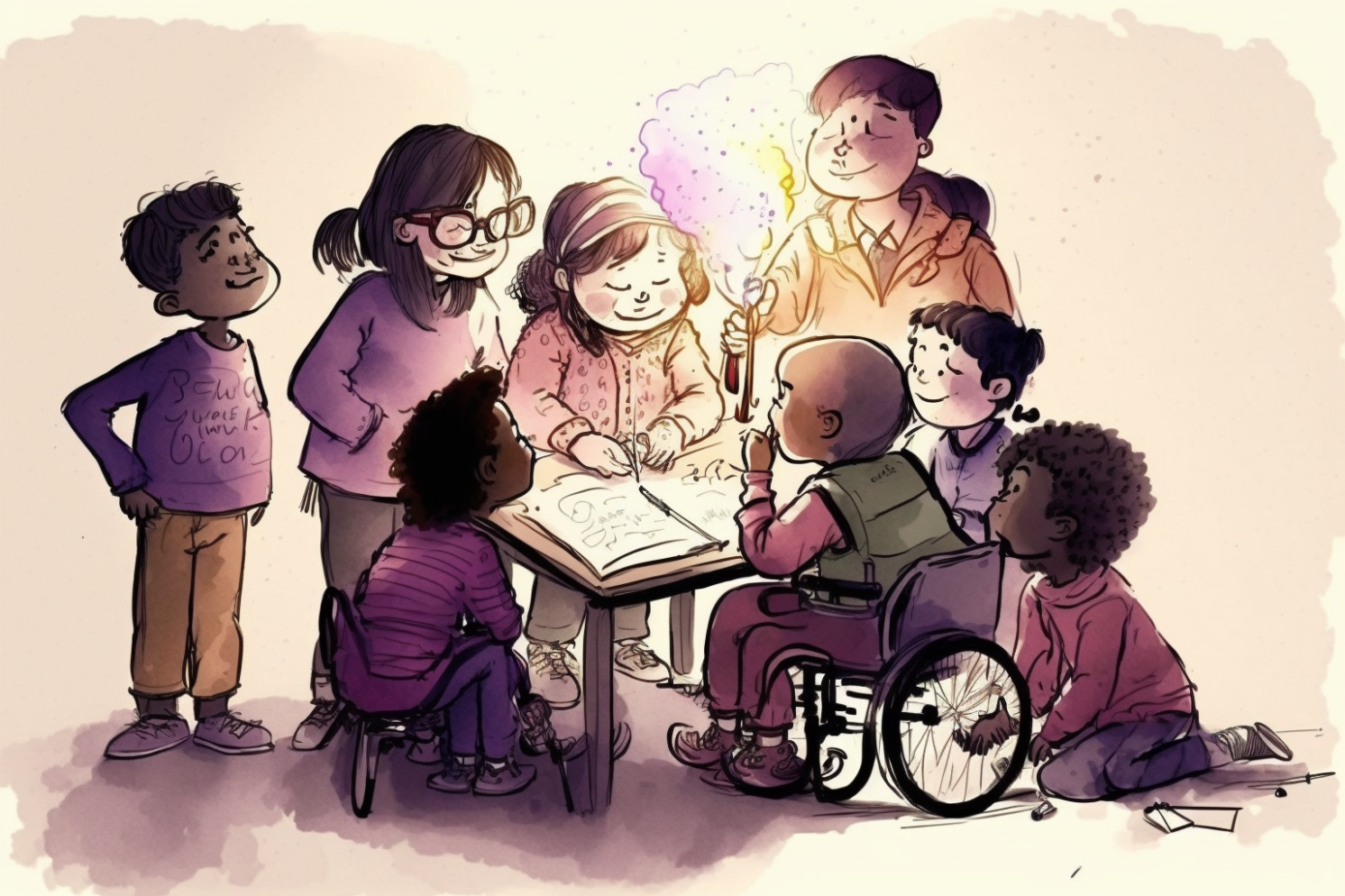A heartwarming illustration
      showcases a vibrant, multicultural group of children, featuring a spirited
      boy in a wheelchair, as they joyfully collaborate to find a solution in a
      truly inclusive manner.